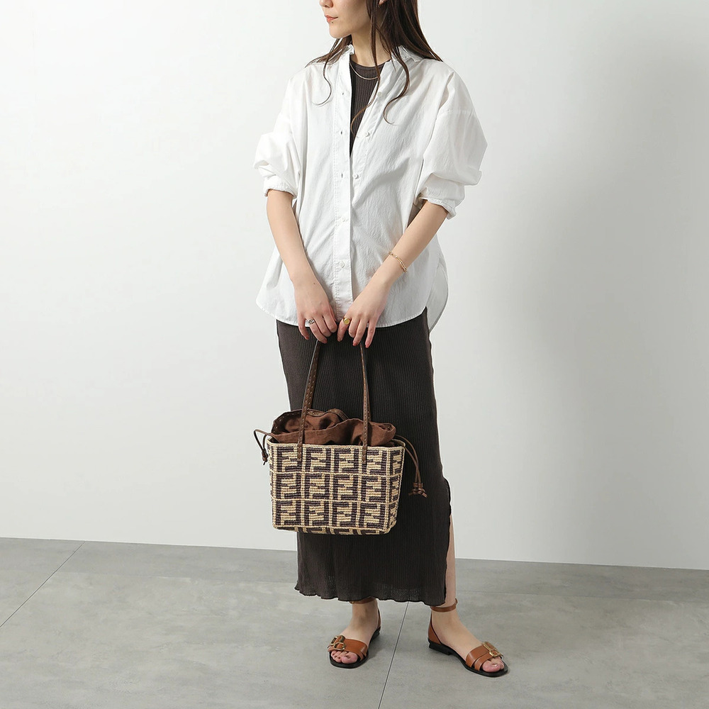 Fendi Roll Tote Bag raffia leather FF Zucca Drawstring closure